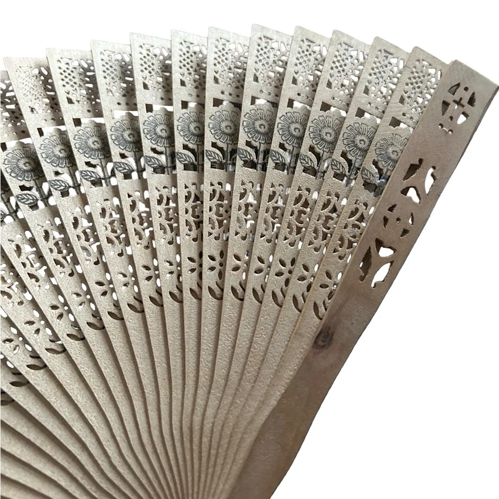 Vintage 1990s Carved Sandalwood Folding Fan – Floral Cutout Design – Boho Decor